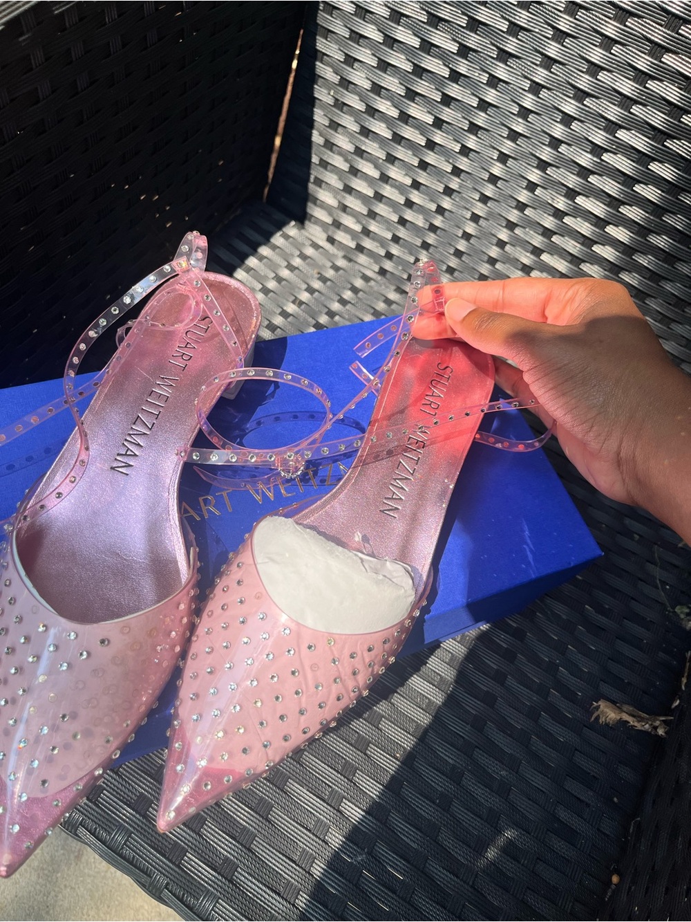 Stuart Weitzman Pink Crystal-Studded Pointed-Toe Slingback Flats